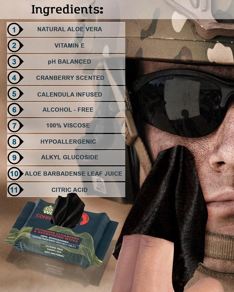 COMBAT WIPES Black Unscented Camouflage Wet Wipes - COMMANDO - Thick, Biodegradable, Heavy Duty Cleansing Cloths for Camping, Military, Hunting & Backpacking w/Aloe & Vitamin E (1 Pack, 25 wipes). - Image 2